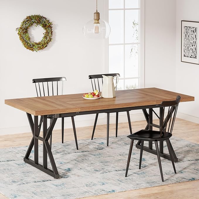 Tribesigns Farmhouse Dining Table for 6 People, 70.8-Inch Rectangular Wood Dining Table, Rustic Kitchen Table with Heavy Duty Metal Legs for Dining Room (Light Brown, 70.8 Inch)