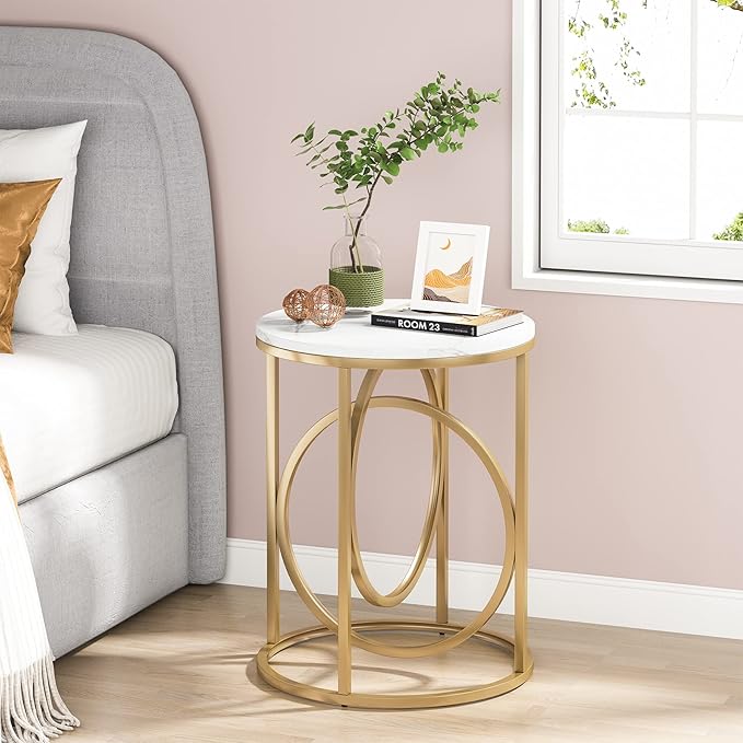 Tribesigns Round End Table for Living Room, Modern Marble Side Table with Gold Metal Frame, White and Gold Accent Table, 26-Inch Tall Narrow Nightstand for Bedroom
