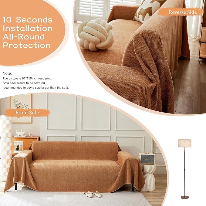 STACYPIK Orange Chenille Couch Cover for Dog, Sofa Covers for Sofa, Furniture Protector for 3 Cushion Couch, Lovetseat Cover for L Shaped, Non Slip Pumpkin Sectional Sofa Cover Pet-Friendly-91X134IN