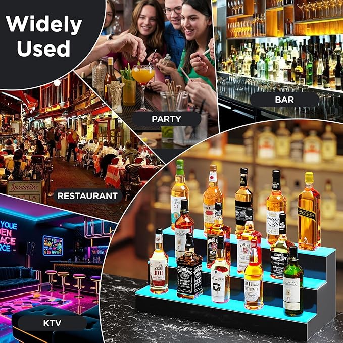 Dethan 2 Tier 48 Inch LED Lighted Liquor Bottle Display Shelf - Illuminated Wine Racks with Multi-Color App & Remote Control, Adjustable Brightness & Sound Modes, Acrylic Bar Shelves for Club Displays