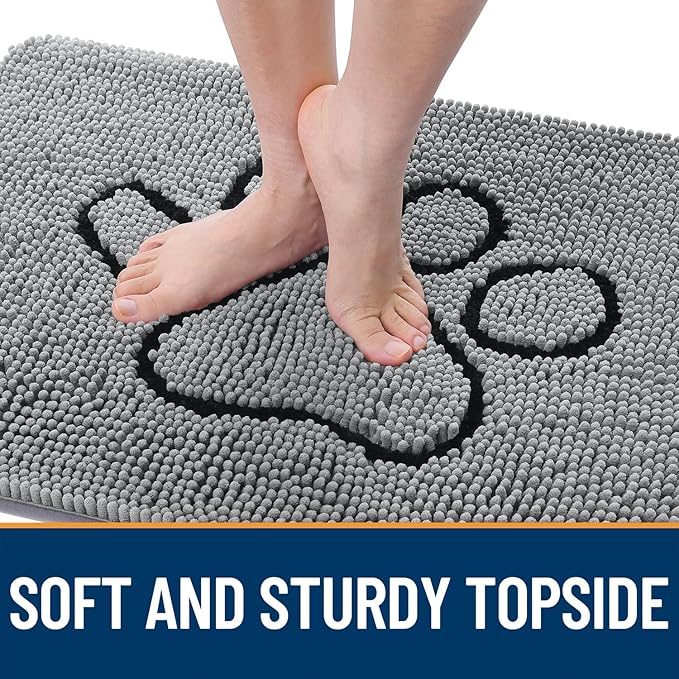 OLANLY Door Mat for Muddy Dog Paws 47x24, Ultra Absorbent Chenille Mud Doormat with Paw Print Design, Non-Slip Washable Doormat for Indoor Entryway, Quick-Dry Pet Bed Mats for Dirty Dogs, Grey