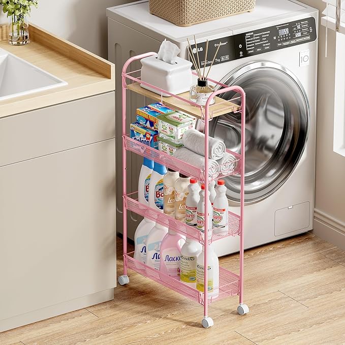 KINGRACK Metal Slim Rolling Cart,4-Tier Metal Utility Cart,Storage Cart with Wooden Tabletop, for Narrow Space on Laundry Bathroom Kitchen Room Bedroom Apartments Dormitory (Pure Pink, Slim)
