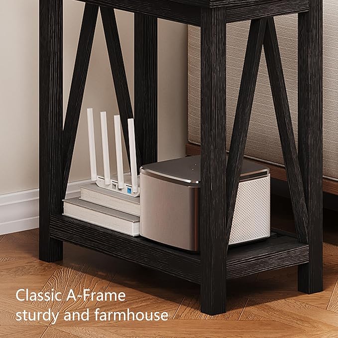 ChooChoo Farmhouse End Table, Narrow Side Table, Slim End Table with Storage Shelf for Small Spaces, Rustic Nightstand, for Living Room, Bedroom Black