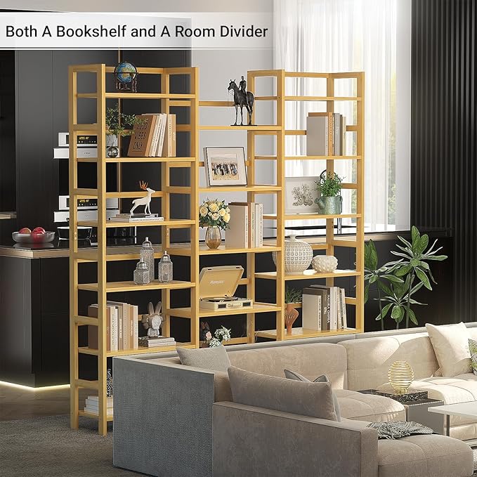 Homykic Bamboo Triple Wide Shallow Bookshelves and Bookcases, 6-Tier 6ft Tall Bookshelf with 17 Open Display Shelves, Large Freestanding Book Shelf for Home Office, Bedroom, Living Room, Natural