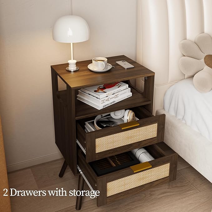 Rattan Nightstand,Farmhouse Bedside Table with 2 Storage Drawer and Open Wood Shelf, for Bedroom and Small Spaces,Night Stand with Solid Wood Legs (Walnut Brown)