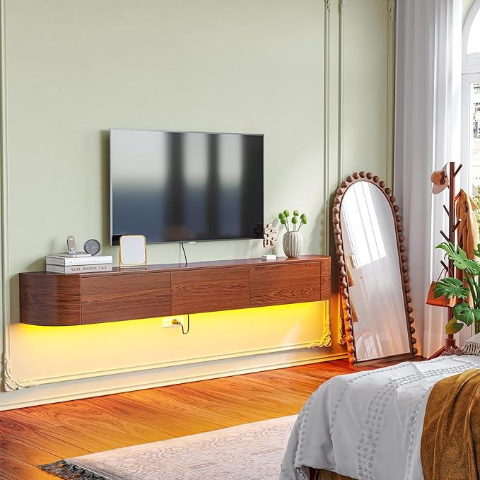 Fully Assembled Floating TV Stand with Drawers, 78IN Vintage Wall Mounted Entertainment Center, Minimalist Large Storage Console Under TV, Solid Wood Media Shelf for Living Room, Bedroom