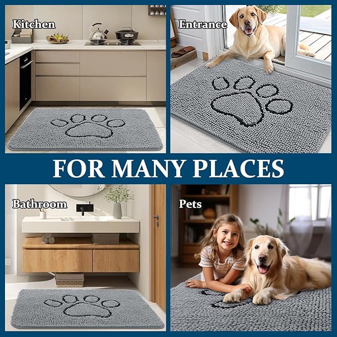 OLANLY Door Mat for Muddy Dog Paws 30x20, Ultra Absorbent Chenille Mud Doormat with Paw Print Design, Non-Slip Washable Doormat for Indoor Entryway, Quick-Dry Pet Bed Mats for Dirty Dogs, Grey