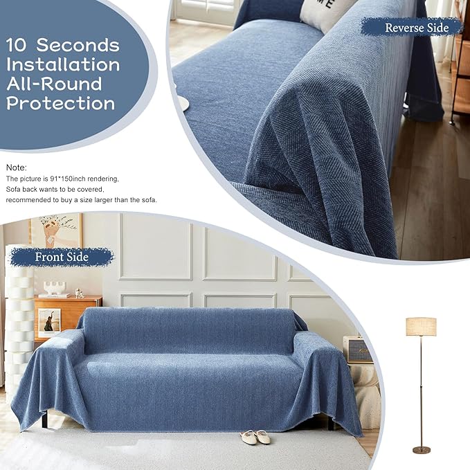 STACYPIK Durable Simple Blue Sofa Cover for Pets Kids Textured Herringbone Chenille Couch Covers for 3 Cushion Couch L Shape Couch Cover Versatile Protector Cover Multi-Use Blanket Washable-91X150IN