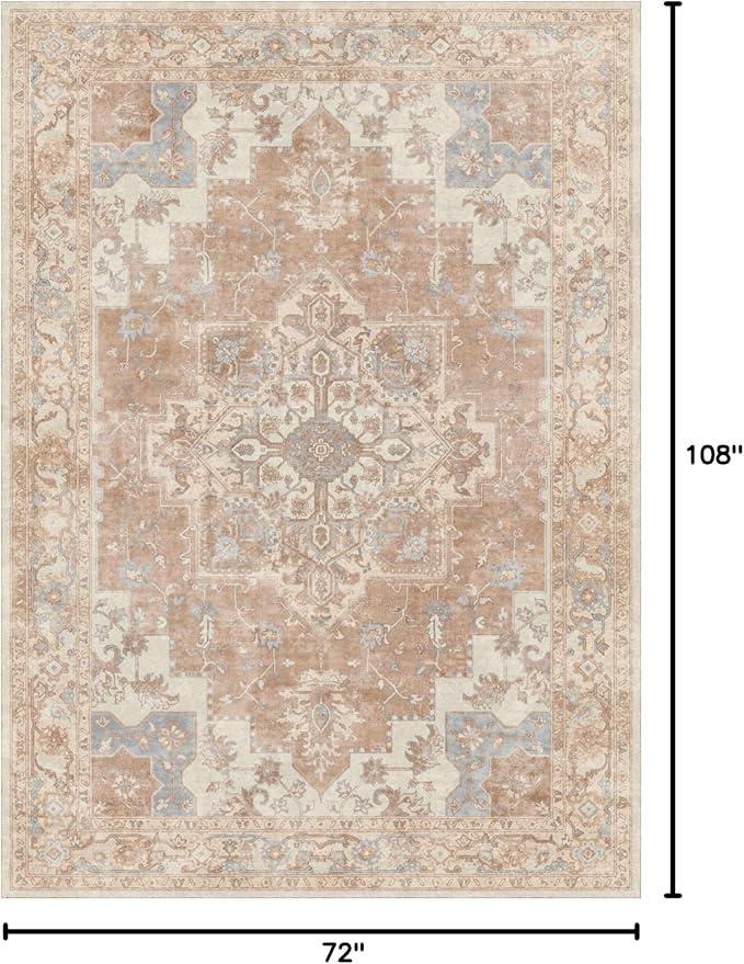 GENIMO 6x9 Area Rugs for Living Room, Non Slip Machine Washable Retro Rugs, Low Pile Chenille Print Rug for Bedroom, Dining Room, Home Office, Orange