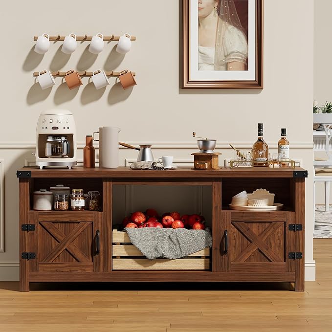 YESHOMY Fireplace TV Stand with Barn Doors and Open Display Shelf, Farmhouse Media Console with Hidden Cable Routing, Entertainment Center for Televisions up to 65+ Inch, Walnut