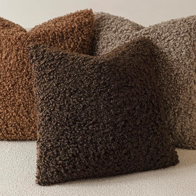 Foindtower 2 Pieces 22x22 Inch Dark Brown, Faux Fur Throw Pillow Cover Accent Sherpa Furry Pillow Covers Fuzzy Soft Pillowcases Cozy Sheepskin Decorative Fleece Cushion Case for Bed Couch Living Room
