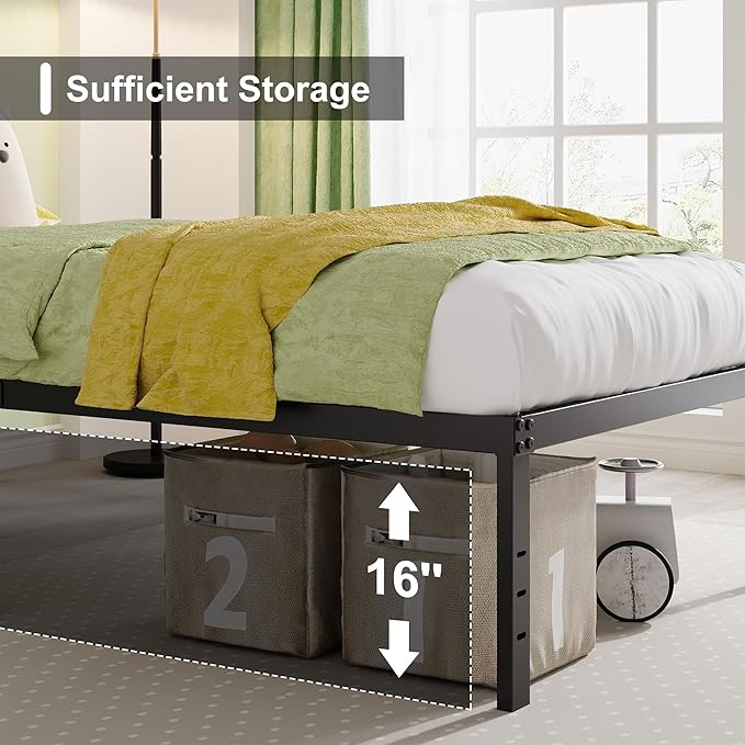 EMODA Queen Bed Frame No Box Spring Needed 18 Inch Heavy Duty Metal Tall Platform Bed Frame Queen Size with Large Storage Space, Easy Assembly, Black