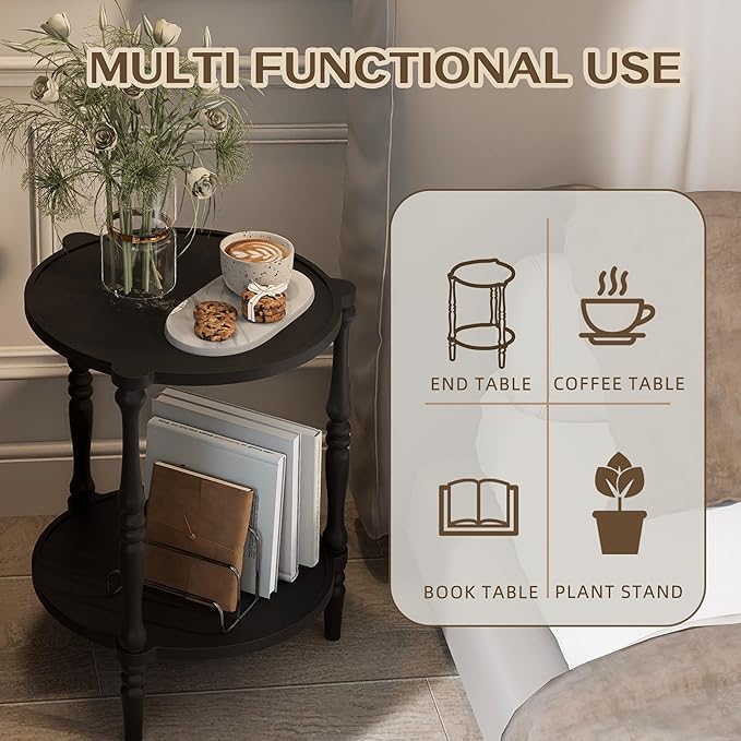 Accent Wood End Table, 2-Tier Round Bedside Table, Natural Side Table Nightstand for Family, Bedroom, Living Room, Handcrafted Finish, Black