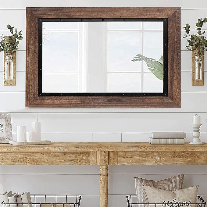 YOSHOOT Rustic Wooden Framed Wall Mirror, Natural Wood and Iron Bathroom Vanity Mirror for Farmhouse Decor, Vertical or Horizontal Hanging
