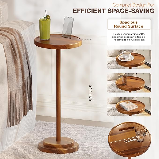 Drink Table, 24.4" Tall Compact Side Table with Phone Slot and Weighted Base, Durable Pedestal Table Accent for Living Room (Stepped Base, Acacia)