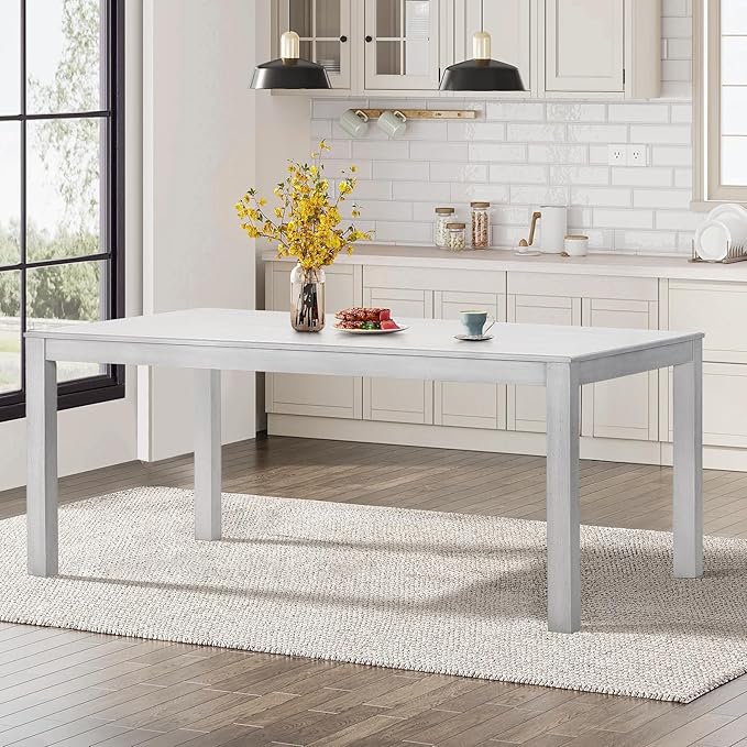 COLAMY 7-Piece Dining Table Set for 6, 60" Kitchen Wood Table with 6 Nailhead Dining Room Chairs, White/Beige