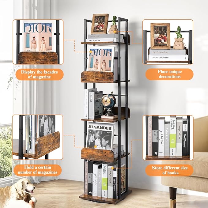 Bikoney Rotating Bookshelf, 360 Display Spinning Bookshelf Tower, 5-Tier Narrow Bookcase, Tall Industrial Book Shelf Organizer, Small Corner Book Shelves for Living Room, Black