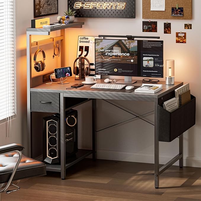 Gaming Desk 40 Inch with Power Outlet and LED Light, Computer Desk with Reversible Shelves and Storage Drawer, Pc Workstation for Home Office with Bag, Carbon Fiber Grey