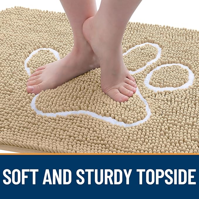 OLANLY Door Mat for Muddy Dog Paws 47x24, Ultra Absorbent Chenille Mud Doormat with Paw Print Design, Non-Slip Washable Doormat for Indoor Entryway, Quick-Dry Pet Bed Mats for Dirty Dogs, Beige