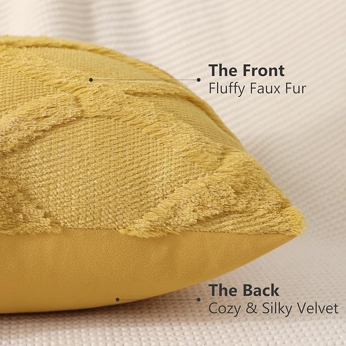 decorUhome Fall Throw Pillow Covers 26x26 Inch Set of 2, Soft Plush Faux Fur Wool Mustard Yellow Couch Pillow Covers, Decorative Neutral Pillow Cases for Bed Sofa Living Room Home Decor