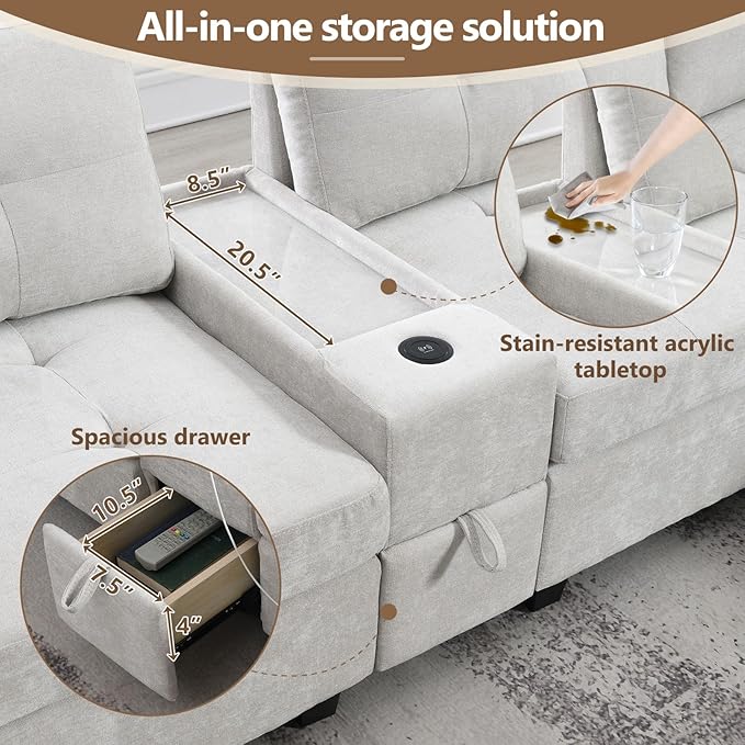 Merax 6 Seater Chenille Sectional Couches with 2 Acrylic Table Top Consoles, Upholstered Modular Tufted Sofa Chaise with Ottoman, Storage Drawers, Pockets, USB Charger & Cup Holders for Living Room