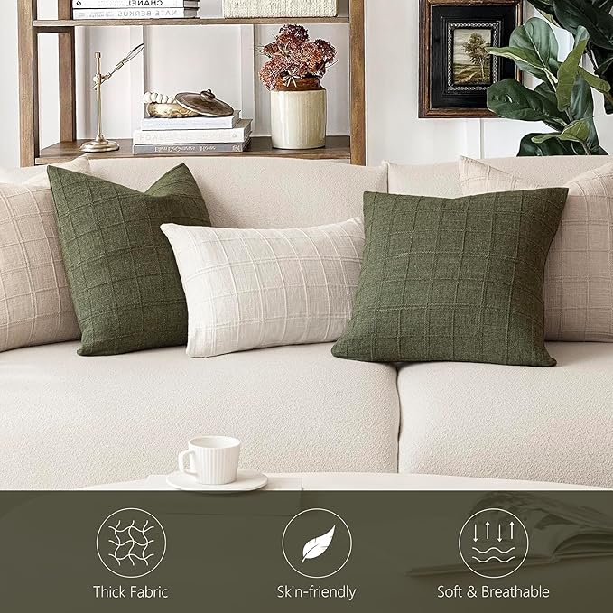Foindtower Set of 2 Decorative Linen Check Throw Pillow Covers Neutral Farmhouse Lumbar Cushion Covers Modern Boho Home Decor for Sofa Chair Couch Bedroom Living Room Outdoor,12×20 Inch,Olive Green