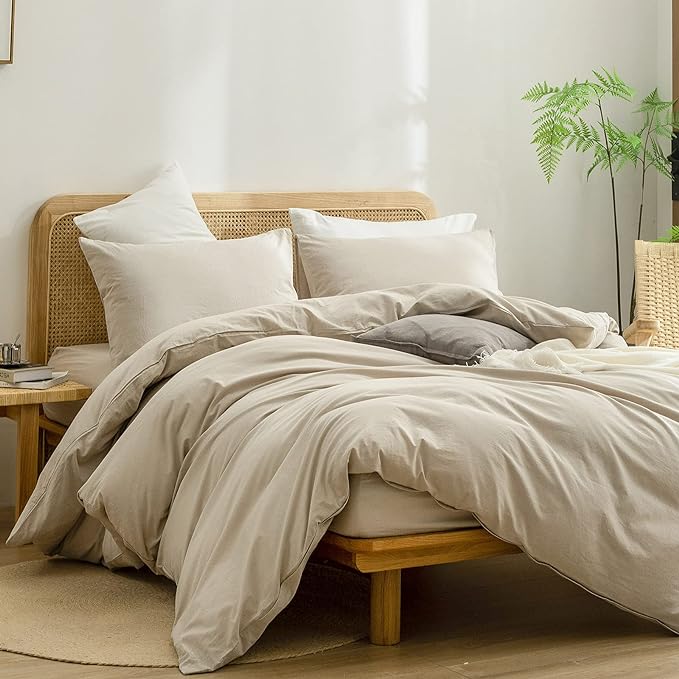 BESTOUCH Duvet Cover Set 100% Washed Cotton Linen Feel Super Soft Comfortable Chic Lightweight 2 PCs Home Bedding Set Solid Almond Milk Grey Twin/Twin XL