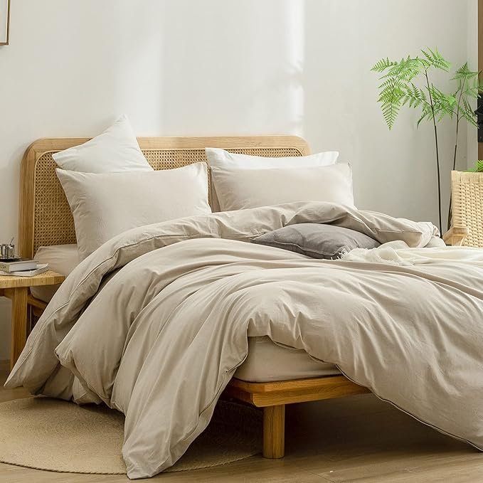 BESTOUCH Duvet Cover Set 100% Washed Cotton Linen Feel Super Soft Comfortable Chic Lightweight 3 PCs Home Bedding Set Solid Almond Milk Grey Queen