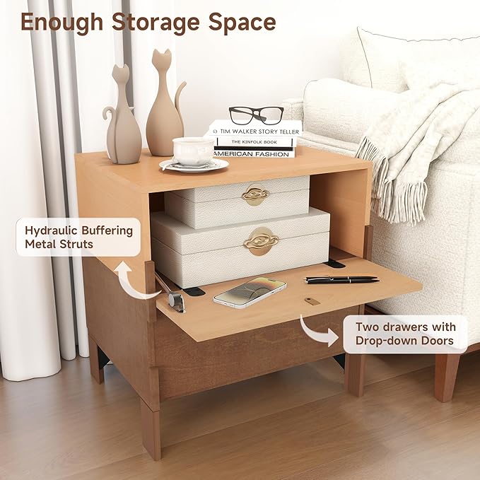 Sebastack Night Stand, Customizable 2 Drawers Bedside Table, End Table, Side Table for Bedroom, Dormitory, Mid-Century Style Wood Chest of Furnitures, Beech and Walnut Color Combo