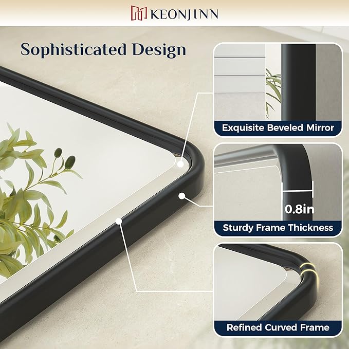 Keonjinn Pivot Mirror Bathroom, 20 x 24 In Beveled Tilt Mirror Bathroom, Matte Black Farmhouse Rectangular Metal Framed Mirrors, Rounded Corner Rectangular Vanity Mirrors for Wall, Horizontal/Vertical