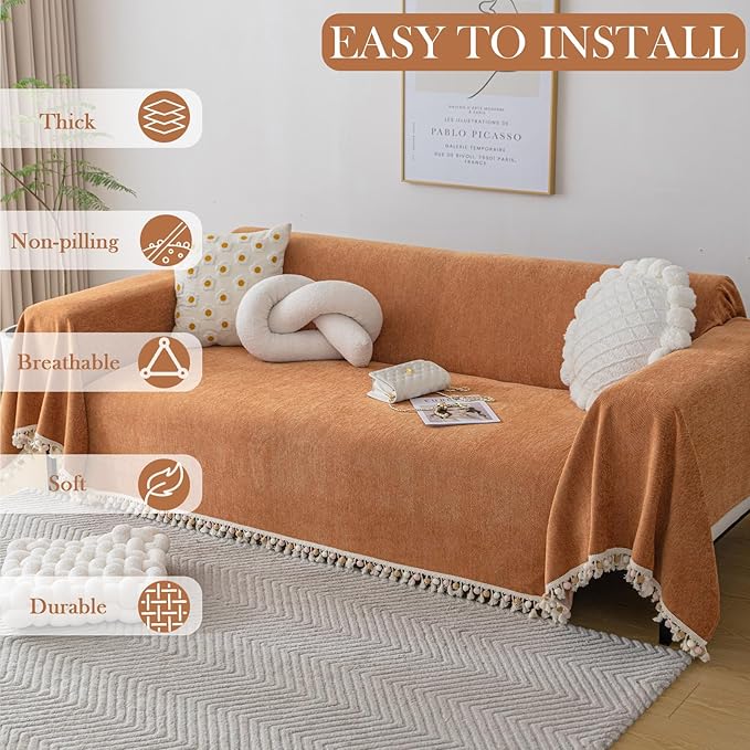 HANDONTIME Dark Orange Sofa Covers Couch Cover for Dogs Colorful Tassel Sofa Seat Cover Lovetseat Cover Pet Couch Cover Bohemian Sofa Cover for Couch Vintage Boho Couch Covers Futon Cover, 91" X150"