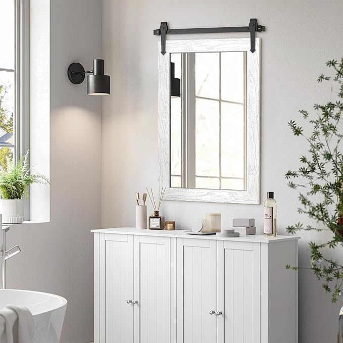 Farmhouse Bathroom Mirrors for Over Sink 26”x40” White Rustic Wall Decor Mirror for Vanity Barn Door Style Wall Mirror for Bathroom Entryway Living Room Bedroom