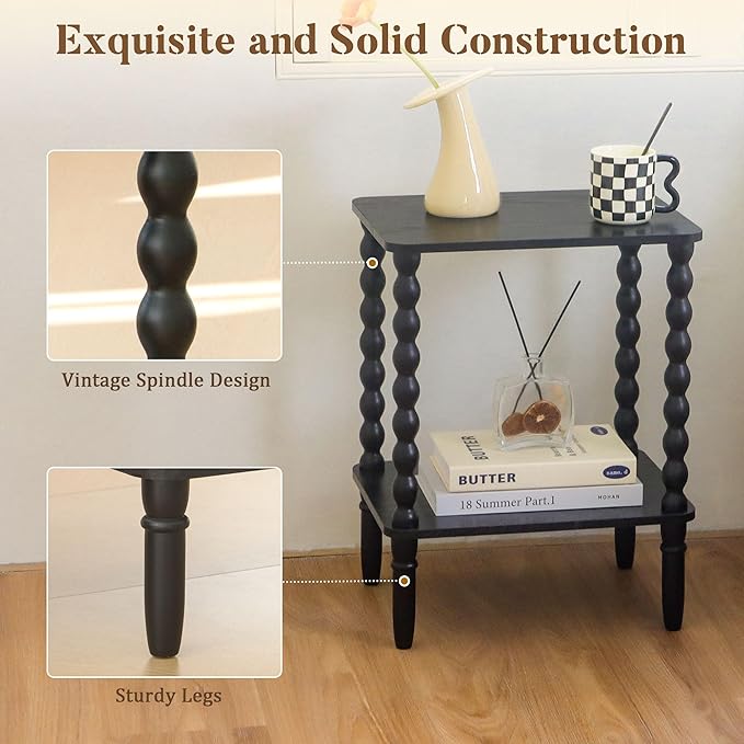 Black Side Table, Small End Table with 2-Tier Shelf, Vintage Night Stand with Storage for Bedroom Living Room, Small Spaces (Black)