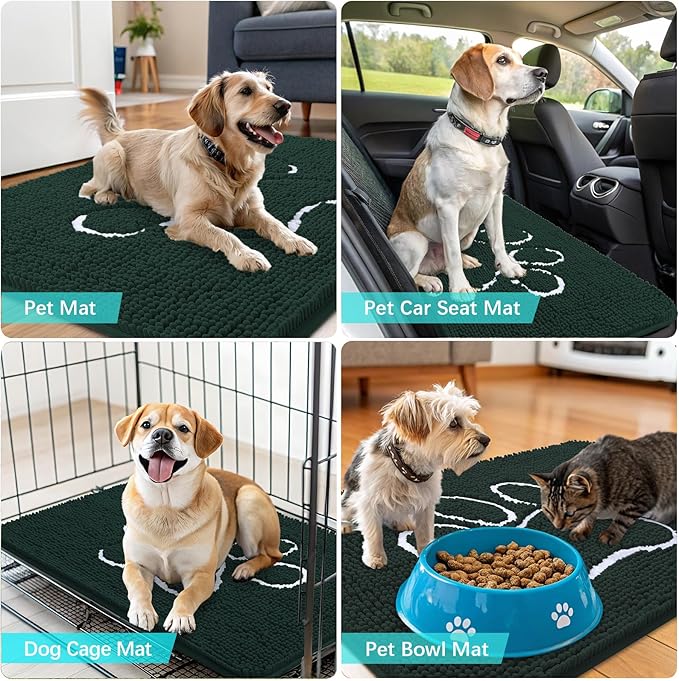 OLANLY Door Mat for Muddy Dog Paws 48x30, Absorbent Chenille Mud Doormat with Paw Print Design, Non-Slip Washable Doormat for Indoor Entryway, Quick-Dry Pet Bed Mats for Dirty Dogs, Blackish Green