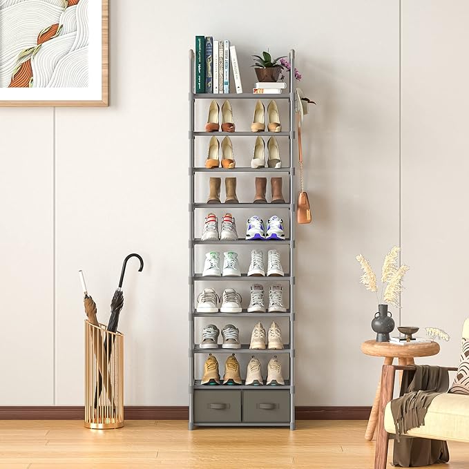Shoe Rack, Sturdy Metal Shoes Rack Organizer,Narrow Shoe Rack,Shoe Racks for Closets,Shoes Rack,Shoe Stand,Shoe Shelf (10 Tier with 2 Boxes and 1 Hook)