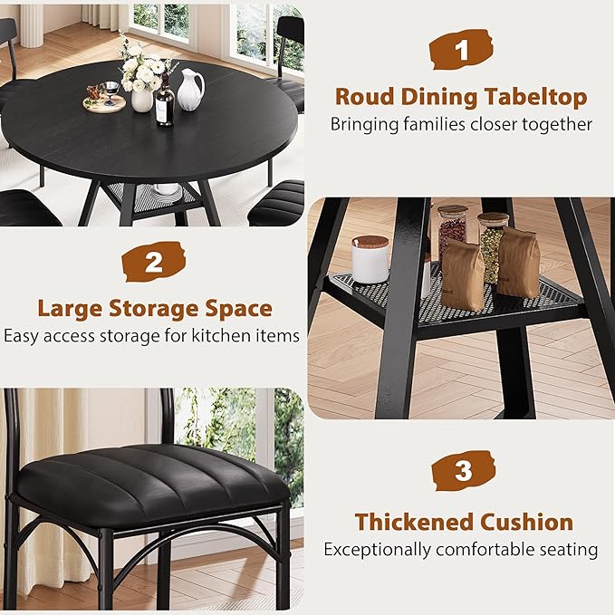 Round Dining Table Set for 4, Kitchen Table and Chairs for 4, Circle Table Round Pedestal Dining Room Dinner Dinette Table Set,5 Piece Space Saving Wood Kitchen & Dining Room Tables (Black, 42In)