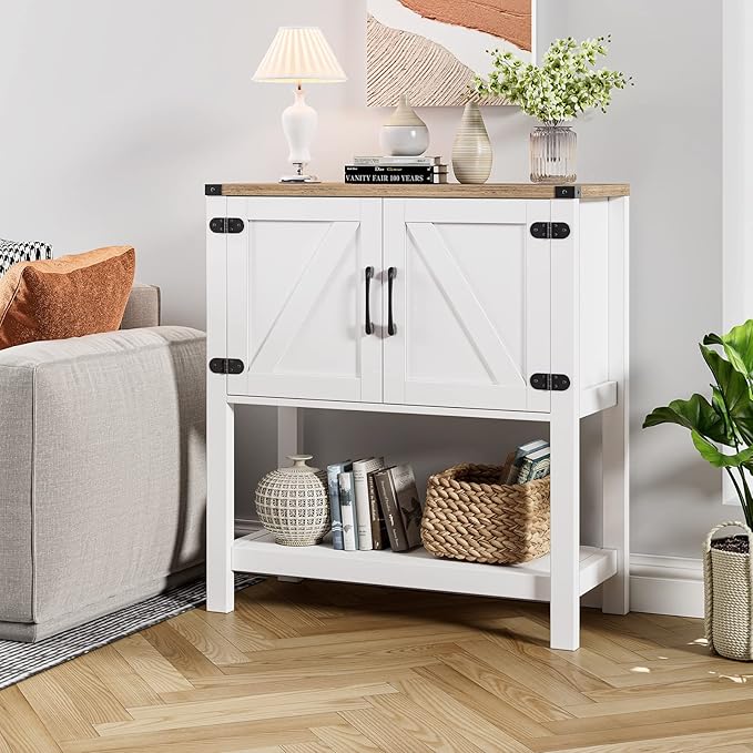 Console Table Coffee Bar Cabinet Sofa Table,31.5 L x 13.8 D x 34.65 H,Entryway Table with 2 Storage Cabinets, Farmhouse Buffet Sideboard for Kitchen, Foyer,Hallway (White)