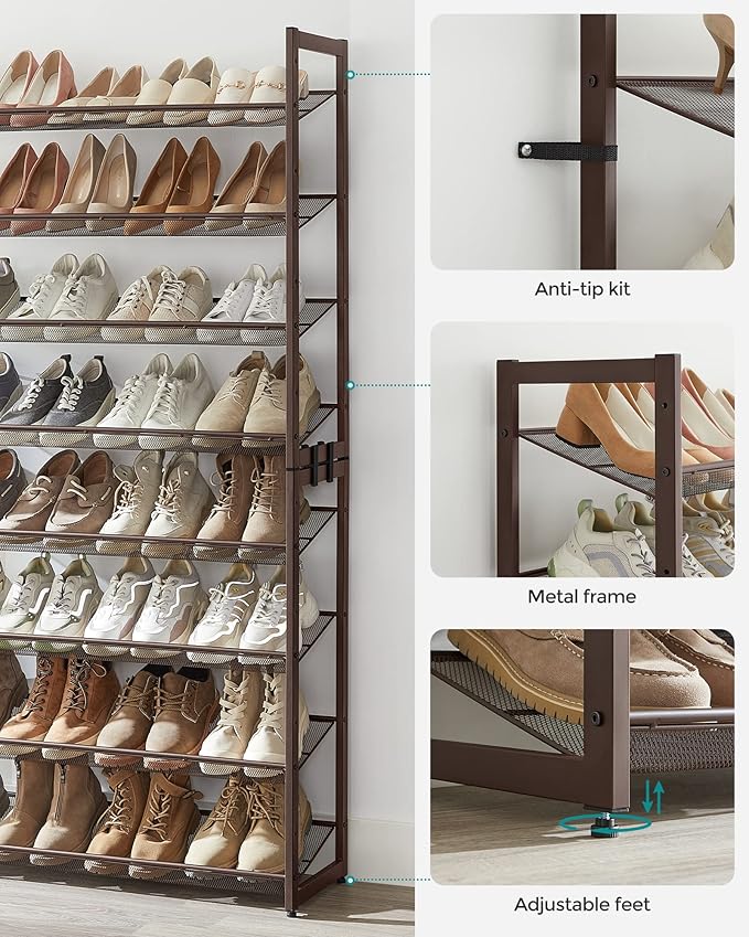 SONGMICS Shoe Rack, 8-Tier Shoe Organizer, Metal Rack for Garage, Set of 2, 4-Tier Stackable Shelf, with Adjustable Flat or Angled Shelves, 32-40 Pairs, Bronze ULMR08A