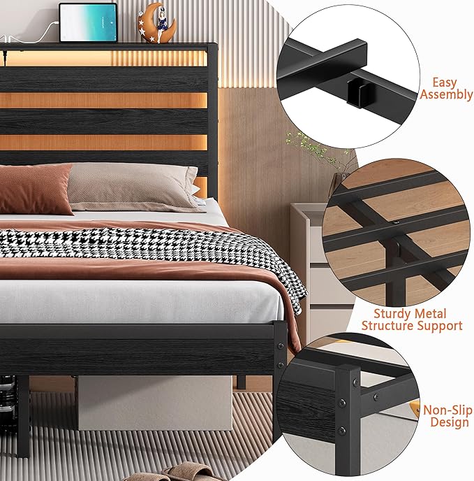14 Inch Classic Metal Platform Bed Frame-Twin Bed Frame with Headboard,Steel Slats Support-LED Bed Frame with USB Charging Station,Under Bed Storage,No Box Spring Needed,Noise Free