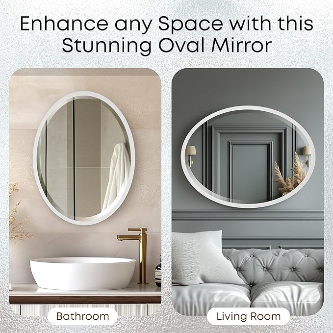 OVALCREST - Oval Wooden Beveled Wall Mirror for Home Decor, Bathroom, Vanity, Bedroom, Living Room, Hallway - London Style (Linen White) 21.1 x 31.1