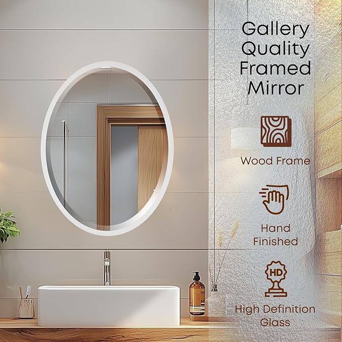 OVALCREST - Oval Wooden Beveled Wall Mirror for Home Decor, Bathroom, Vanity, Bedroom, Living Room, Hallway - London Style (Linen White) 19.1 x 25.1