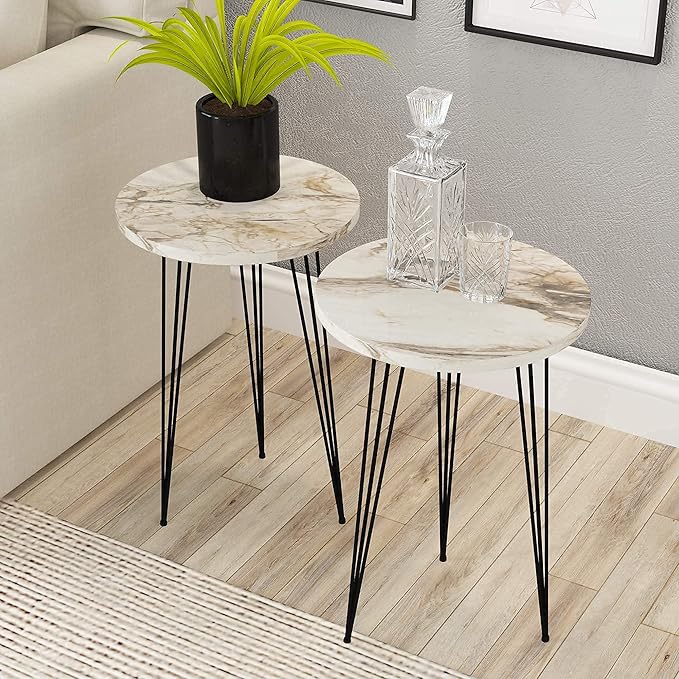 PAK HOME - Set of 2 End Table - White Marble Look Round Wood Sofa Side Coffee Tables for Small Spaces, Nightstand Bedside Table for Small Spaces