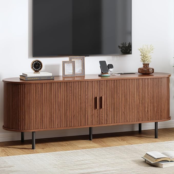 63" TV Stand with Power Outlet, Modern Media Console with Sliding Doors, Entertainment Center for TVs up to 60 Inch, Adjustable Shelves, Walnut