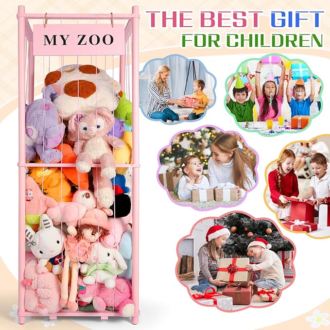 Stuffed Animal Storage Zoo, Wooden Stuffed Animal Organizer with Elastic Cords for Boys Girls, Space Saving Toy Plushies Storage Holder for Playroom, Bedroom, Living Room (Pink, Large)
