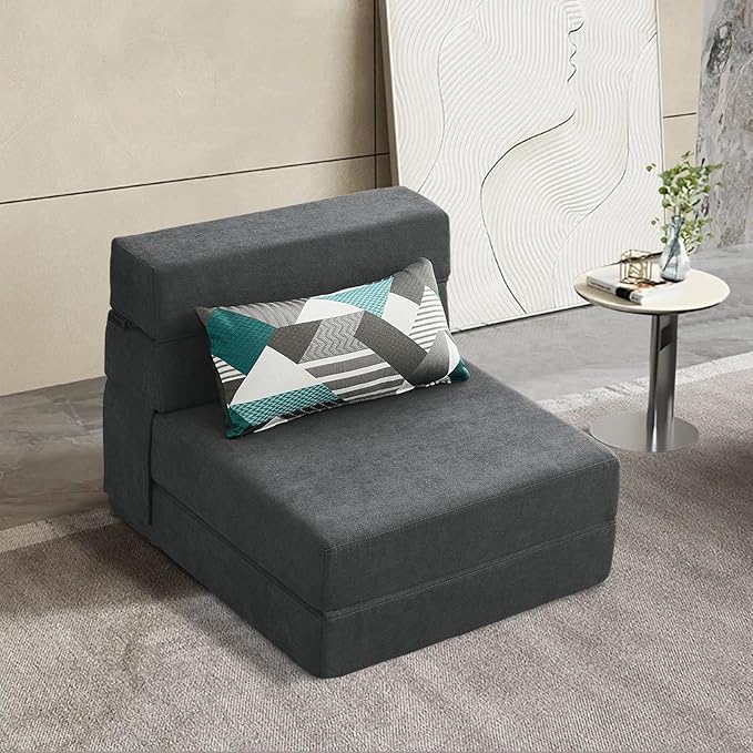 ANONER Fold Out Chair Bed Memory Foam with Pillow Futon Couch Folding Sleeper Chairs, Convertible Chair Bed Dark Gray, Single Size