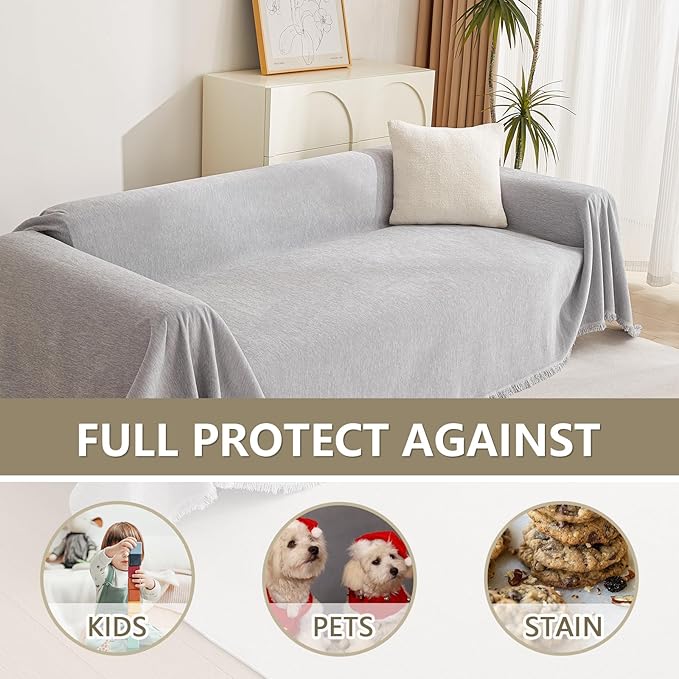 MYSKY HOME Chenille Sofa Cover for Dogs Cats Light Gery Couch Cover with Tassel Edge Farmhouse Furniture Protectors for Pets Thick Durable Sectional Couch Covers for 2 Cushion Couch, 71"x 102"