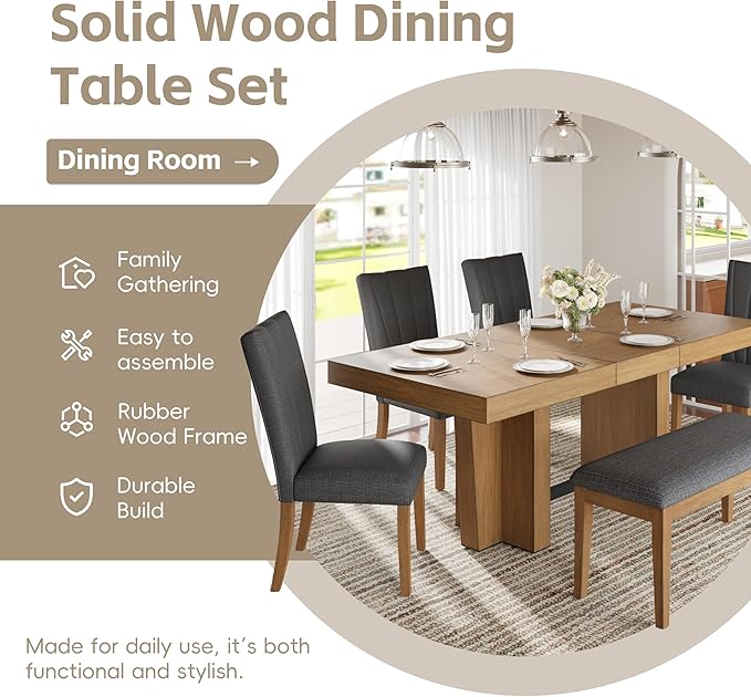 Ball & Cast 6 Piece Farmhouse Dining Table Set with Extendable Table,4 Upholstered Chairs & 1 Bench,Wooden Kitchen Table Set of 6,Backrest Chair with Table & Upholstery-Bench,for Dining Room,Gray