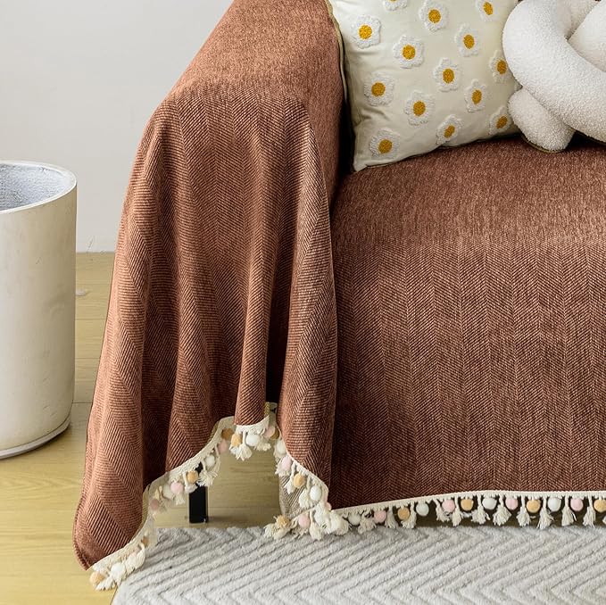 HANDONTIME Boho Style Sofa Cover with Tassels, Washable & Non-Slip Couch Cover for 3 Cushion Sofa, Herringbone Pattern Pet-Friendly Sofa Slipcover, Chocolate Color, 91"x150", Living Room Decor