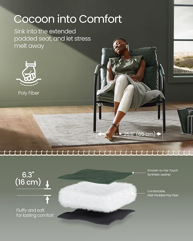VASAGLE EKHO Collection - Accent Chair, Metal Framed Armchair, Synthetic Leather with Stitching, Mid-Century Modern, Sling Chair for Living, Bedroom, Reading Room, Lounge, Forest Green ULAC014C01