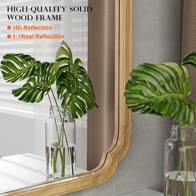 WallBeyond 30" x 40" Rounded Corner Arch Wall Mirror with Wood Frame for Entryway, Living Room or Bedroom Home Decor - Light Woodgrain [30 x 40 inches, Natural Color]